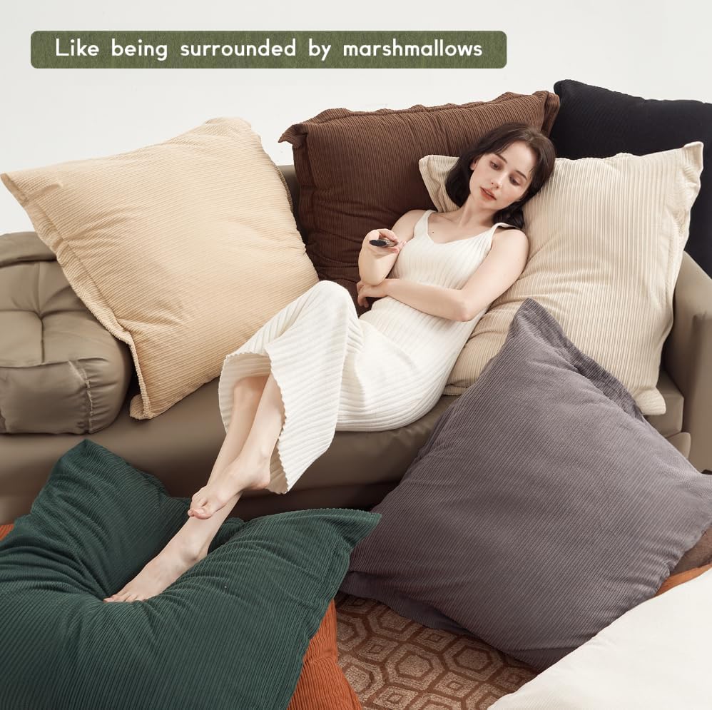 Set of 3 Oversized Throw Pillow Cover 26x26inch,Super Soft Striped Corduroy Neutral Earth Tones Pillow Cases for Bedroom,Living Room, Sofa Lounges,Girl Room（Camel, Beige & Pure White）