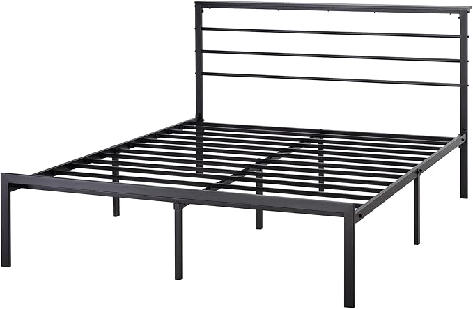 MUTICOR Full Size Metal Platform Bed Frame with Shelf Headboard, No Box Spring Needed, Easy Assembly, Black Shelf