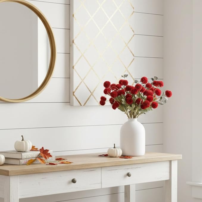 RyddeligHome Burgundy Flowers Artificial 10 Long Stems + Eucalyptus, Thanksgiving Centerpieces for Tables, Wine Colored Silk Flowers for Burgundy Decor, Fall Table Centerpieces, Dark Red Faux Mums