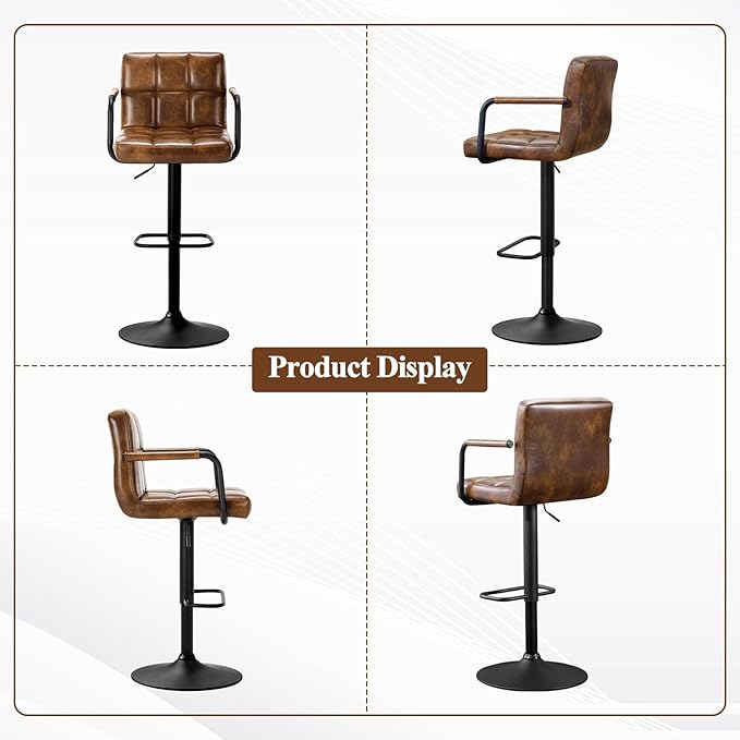 Furniliving Swivel Bar Stools Set of 4, Adjustable Kitchen Counter Height BarStools with Arms, PU Leather Upholstered Bar Chair with Back and Footrest for Dining Room, Kitchen, Pub, Bar (Yellowbrown)