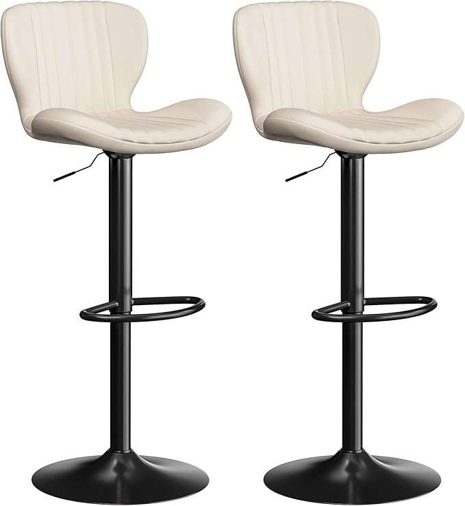 Bar Stools Set of 2, Barstools Counter Height with Shell Shaped Backrest, Adjustable Moder Stools Pu Leather Bar Stools for Kitchen Counter, Island, Bar, Dining Room, White