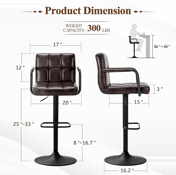 Furniliving Swivel Bar Stools Set of 4, Adjustable Kitchen Counter Height BarStools with Arms, PU Leather Upholstered Bar Chair with Back and Footrest for Dining Room, Kitchen, Pub, Bar (Blackbrown)