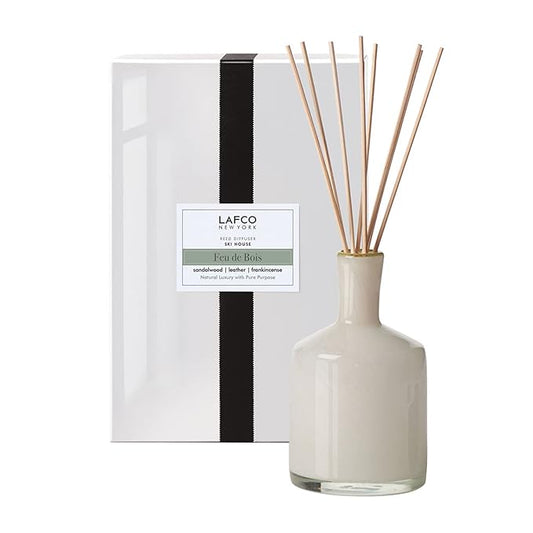 LAFCO New York Signature Reed Diffuser, Feu de Bois - 15 oz - Up to 9 Months Fragrance Life - Reusable, Hand Blown Glass Vessel - Natural Wood Reeds - Made in The USA