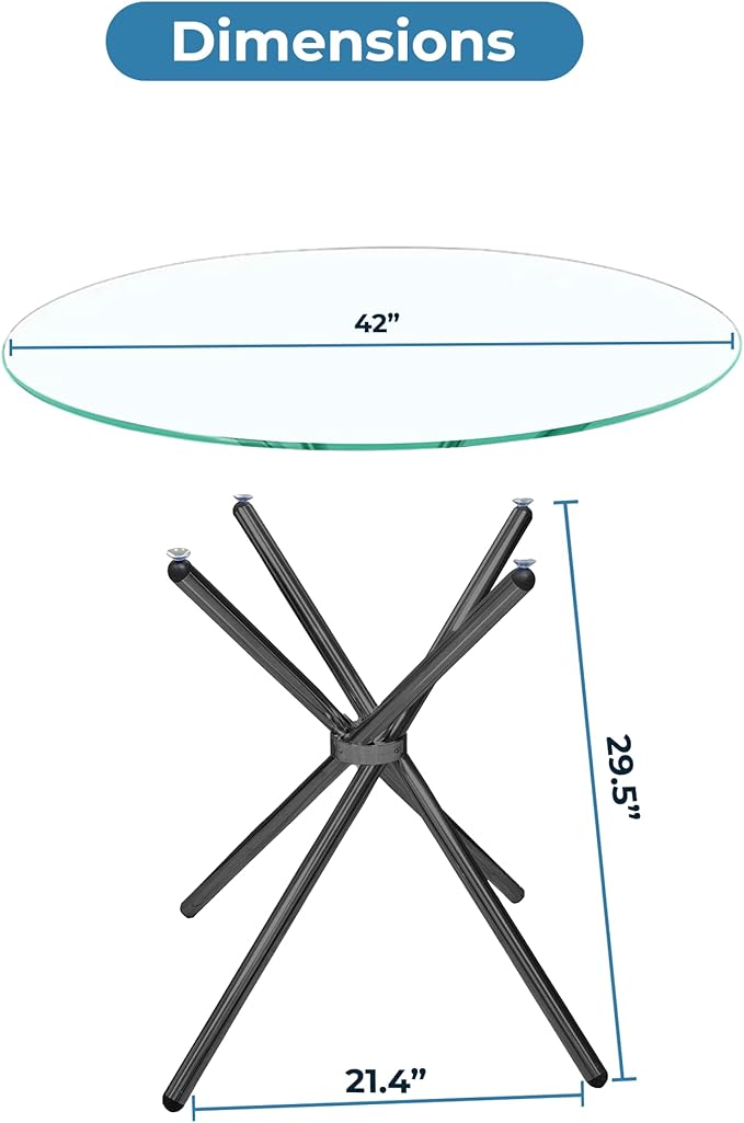 Fab Glass and Mirror 42" Flat Round Hydra Dining Table with Clear 1/2" Thick Glass Top and Black Finish Base, Elegant Round Glass, Modern Glass for Home, Dining Room