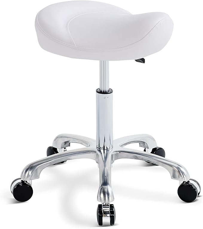 Saddle Stool Rolling Swivel Height Adjustable with Wheels. Saddle Chair Salon, Spa, Tattoo, Pedicure, Massage -Esthetician Chair(White)