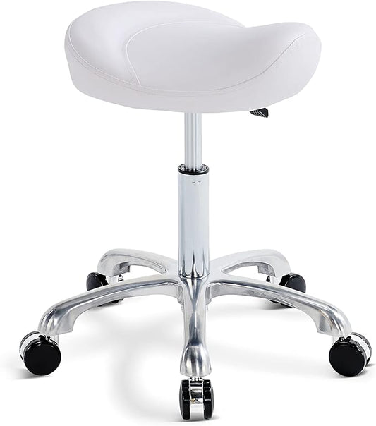 Saddle Stool Rolling Swivel Height Adjustable with Wheels. Saddle Chair Salon, Spa, Tattoo, Pedicure, Massage -Esthetician Chair(White)