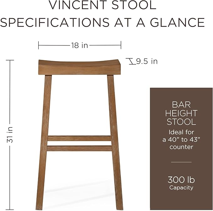 Maven Lane Kitchen Bar Stool, Modern Farmhouse Wood Barstool, Kitchen Island Chairs, Pub Bar Height Stools For Kitchen, Wide Comfortable Seat Backless Bar Stools, Vincent 31 Inch, Antiqued Brown