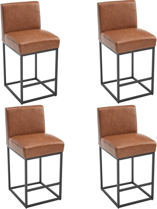 VESCASA Faux Leather 27 inches Counter Height Bar Stools with Padded Back, Modern Upholstered Counter Stool Chairs with Black Metal Frame for Kitchen Island, Set of 4, Brown