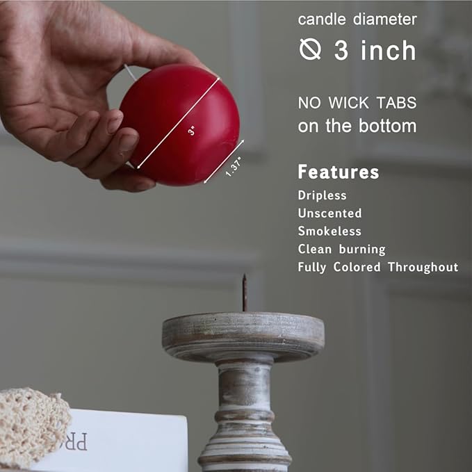 MOZEAL Hand-Poured, 3 Inch Red Round Ball Candles - Elegant Red Round Pillar Candles Set of 3, Dripless, Unscented, Smokeless, Ideal for Valentine's Day and Christmas.