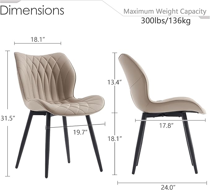 Kidol & Shellder Dining Chairs Set of 2 Modern Kitchen Chairs with Back Armless Accent Chairs for Living Room Upholstered Faux Leather Chair Mid Century Comfy Side Chair with Metal Legs, Khaki