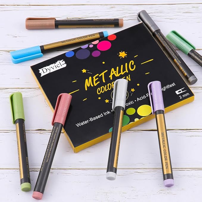 Dyvicl Metallic Marker Pens - Set of 9 Medium Point Metallic Markers for Rock Painting, Black Paper, Card Making, Scrapbooking Crafts, DIY Photo Album