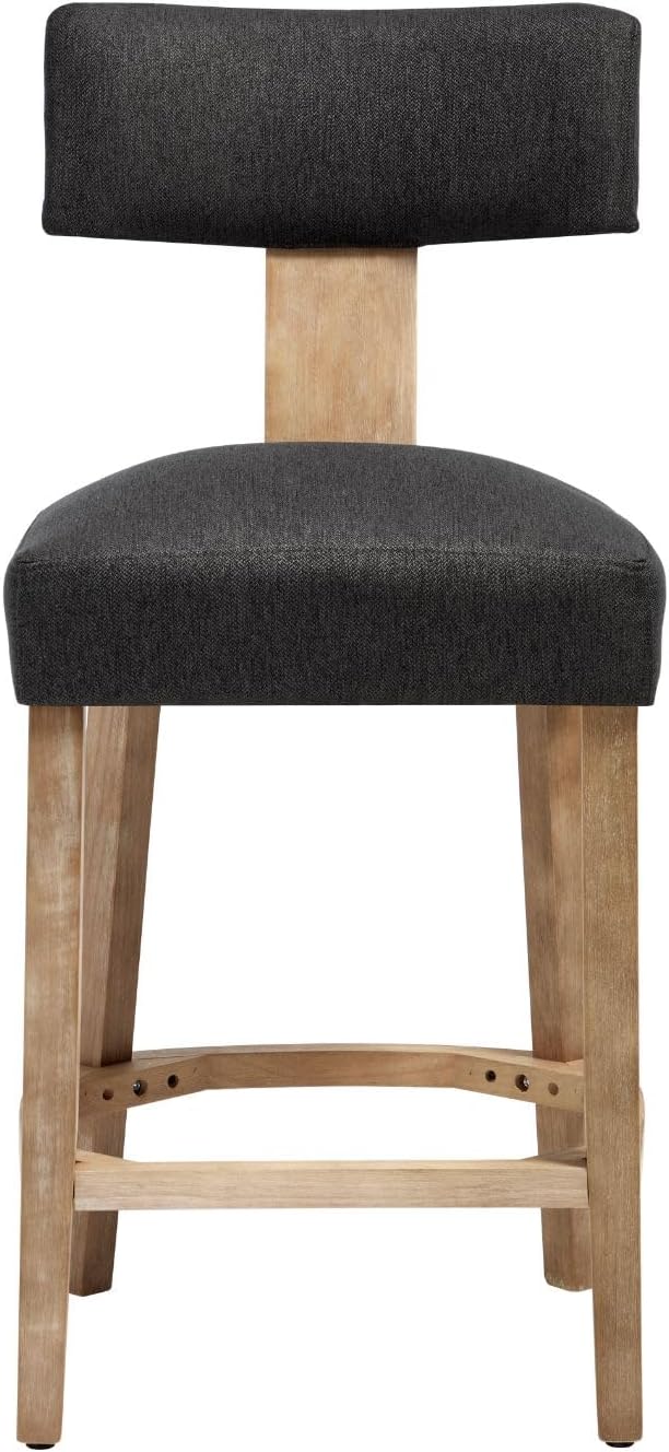 Linen Bar Stools Set of 2, Upholstered 27.7'' Counter Height Barstools with Curved Back, Farmhouse Wood Bar Chairs for Breakfast, Kitchen Island, Cafe, Gray