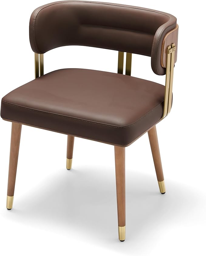 Modern Mid-Century Upholstered Leather Dining Chairs with High-Resilience Foam, Walnut Wood Veneer&Gold Metal Legs,Dining Chairs with Anti-Slip Pads,Dark Grey