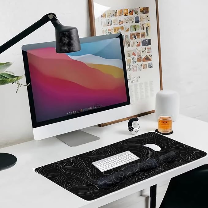 Topographic Mouse Pad Set, Extended Mouse Pad+Keyboard Wrist Rest, Memory Foam Ergonomic Easy Typing, 4Pcs (35.4×15.7 in) Desk Pad Set for Home Office Study Game-Topographic Contour