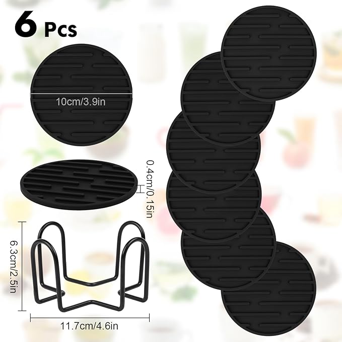 Silicone Coasters for Drinks Coaster Set of 6 pcs Cup Coasters with Holder for Coffee Table for Home Decor for Kinds of Cups Cute Tabletop Protection Suitable Gift for Friend Rubber Drink Coaster Set