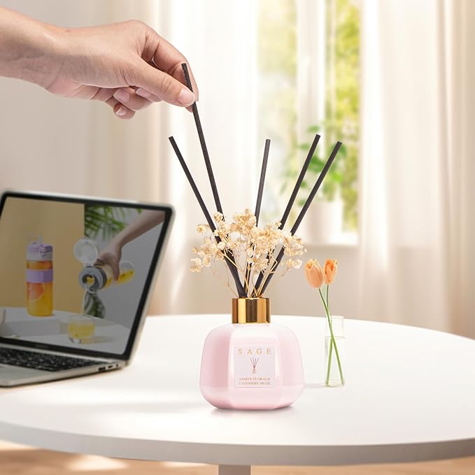 SAGE Hotel Reed Diffuser - Inspired Shangri-La Room Scent | 3.4oz Lavender & Cashmere Musk Scent Diffusers for Home | Preserved Flower & Oil Diffuser Sticks | Nightstand or Bathroom Decor for Shelves