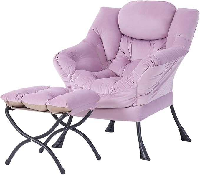 Welnow Lazy Chair with Ottoman, Modern Lounge Accent Chair with Armrests and a Side Pocket, Leisure Upholstered Sofa Armchair Set, Reading Armchair with Footrest for Small Space, Light Purple