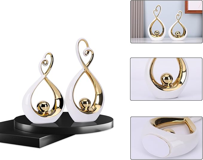 White Decor Accent, Porcelain Art Mid Century Modern White and Gold Decorations, Dining Table Objects, Abstract Ceramic Statue Sculpture - for Bookshelf Tv Stand Centerpiece Centro De Mesa