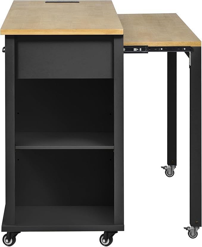 Merax Rolling Kitchen Island on Wheels with Extendable Dining Table & Power Outlet, Wood Kitchen Cart on Wheels with Internal Storage Rack,2 Drawers & 2 Cabinets, 47" Wide Black