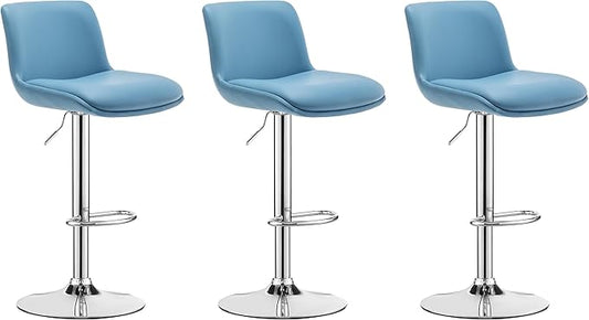 MINCETA Bar Stools,Modern Upholstered Swivel Stool with Back for Bar and Counter-Height, Adjustable Height 24" to 34",Set of 3,PU in Blue