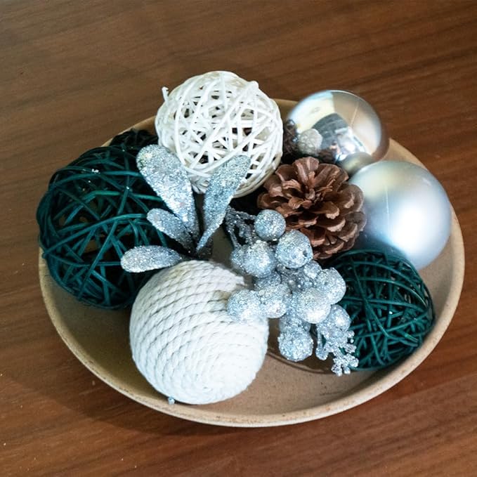 Qingbei Rina Bowl Fillers Silver,Decorative Balls for Centerpiece Vase Fillers,Assorted Wicker Rattan Balls,Winter Orbs Woven Spheres Table Dining Farmhouse Home Decor