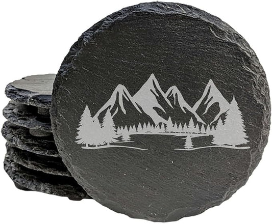 Mountain Majesty Slate Coasters with Stunning Mountain Scene Design - Perfect for Home and Office Decor and Protection of Surfaces, Available in Square or Round Coasters - Round Slate - Set of 4