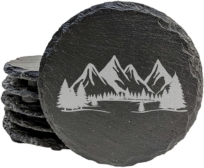 Mountain Majesty Slate Coasters with Stunning Mountain Scene Design - Perfect for Home and Office Decor and Protection of Surfaces, Available in Square or Round Coasters - Round Slate - Set of 6