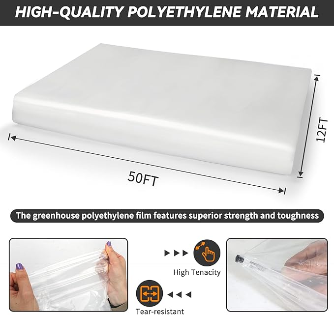 12x50 Ft Clear Greenhouse Film Plastic Sheeting, Greenhouse Polyethylene Plastic Film 6 mil Thickness Replacement Cover, UV Resistant, Plant Covers Freeze Protection for Windproof Frost& Dust Proof