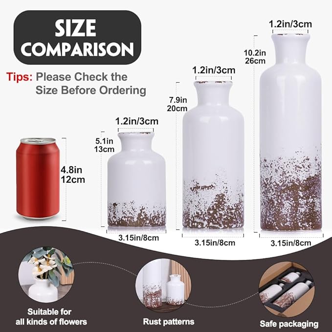 Gray Ceramic Vase Set - 3 Grey Small Vases, Farmhouse Country Flower Vase Home Decor, Living Room Decoration, Table Decoration, Fireplace Decor, and Entrance Decorations Centerpieces