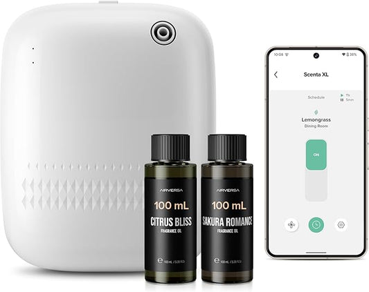 Airversa Waterless Essential Oil Diffuser (400 mL Capacity) Starter Kit 200mL Fragrance Scent Oils, Up to 2000 sq ft Aromatherapy Smart Scent Air Machine for Home, Large Room, Office, ANW Kit White