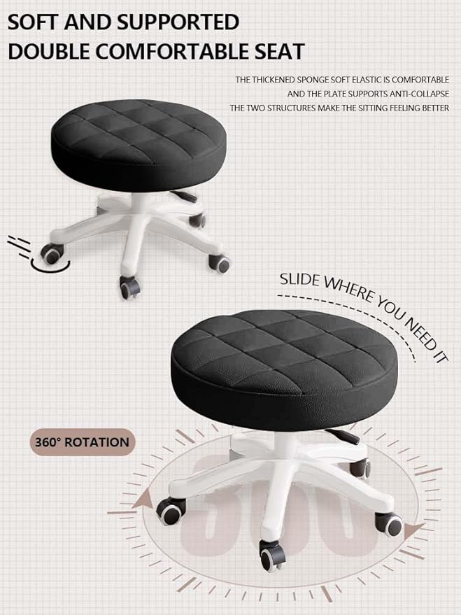 Small Chair Round Rolling Stool with Wheels PU Leather Height Adjustable Swivel Drafting Work SPA Salon Stools Home Office Chair,4 Pack