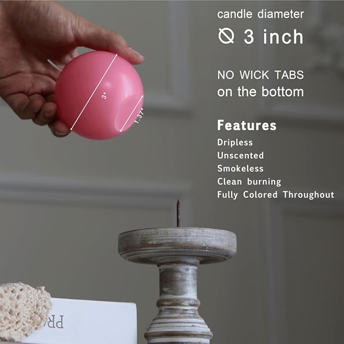 MOZEAL Hand-Poured, 3 Inch Pink Round Ball Candles - Elegant Pink Round Pillar Candles Set of 3, Dripless, Unscented, Smokeless, Ideal for Baby Showers and Valentine's Day.