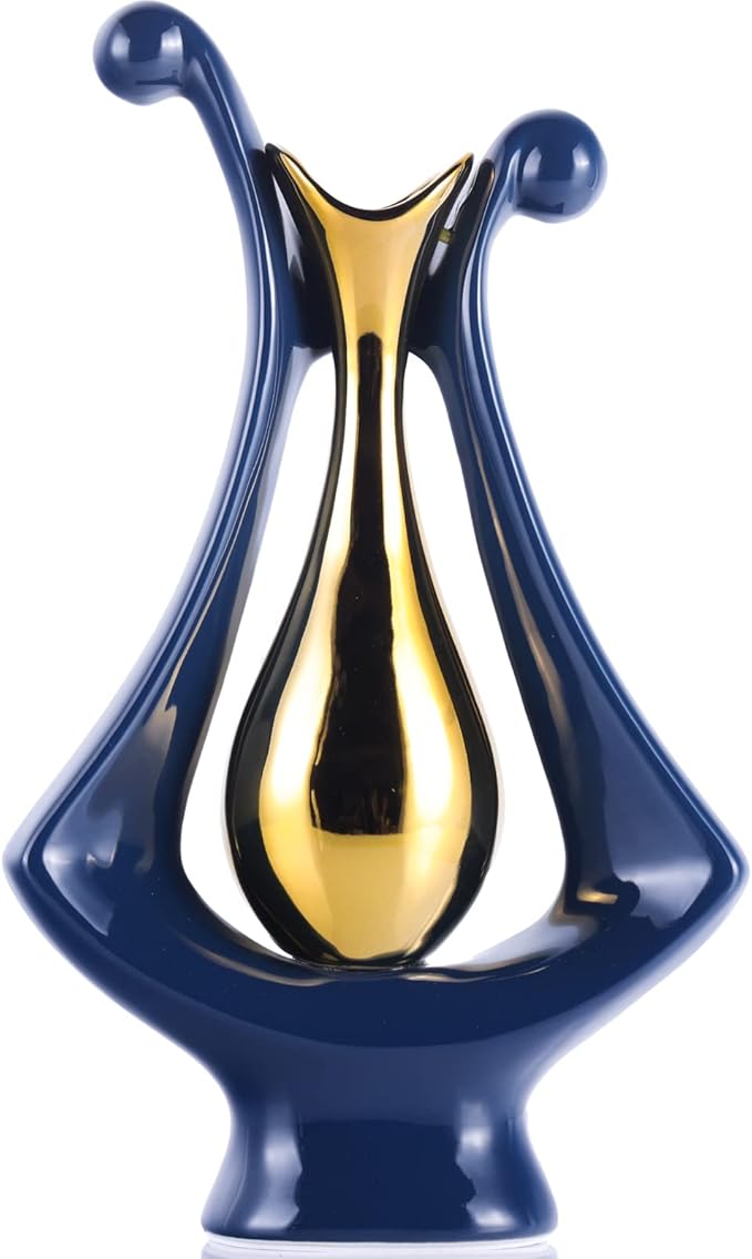 Navy Blue Gold Abstract Art Ceramic Vases for Home Décor Accent,Nordic Modern Minimalist Vases for Flowers,Shelf,Table Centerpieces,Bookshelf,Fireplace Mantle,Rustic,Wedding,Mid Century Décor