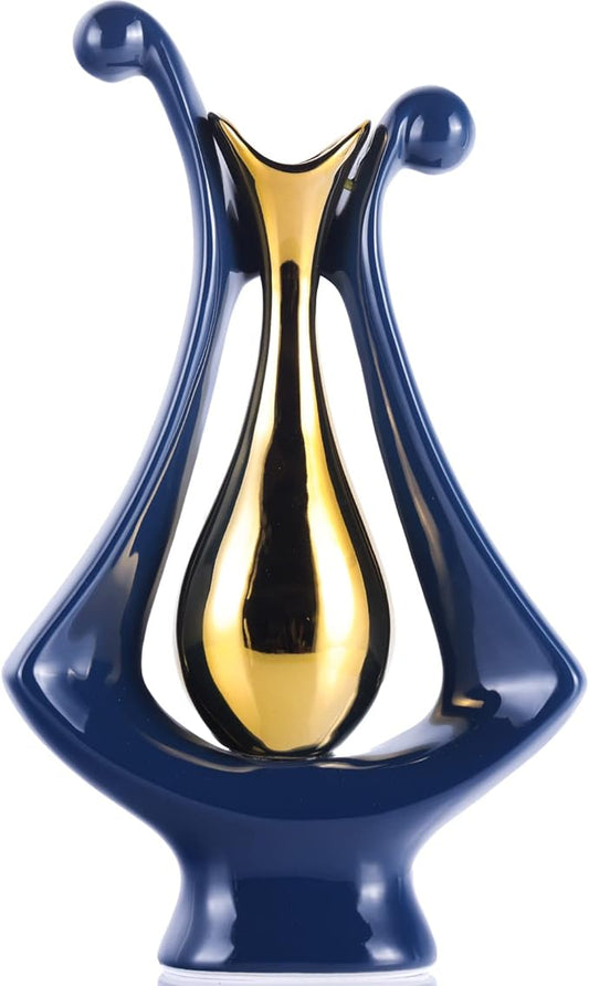 Navy Blue Gold Abstract Art Ceramic Vases for Home Décor Accent,Nordic Modern Minimalist Vases for Flowers,Shelf,Table Centerpieces,Bookshelf,Fireplace Mantle,Rustic,Wedding,Mid Century Décor