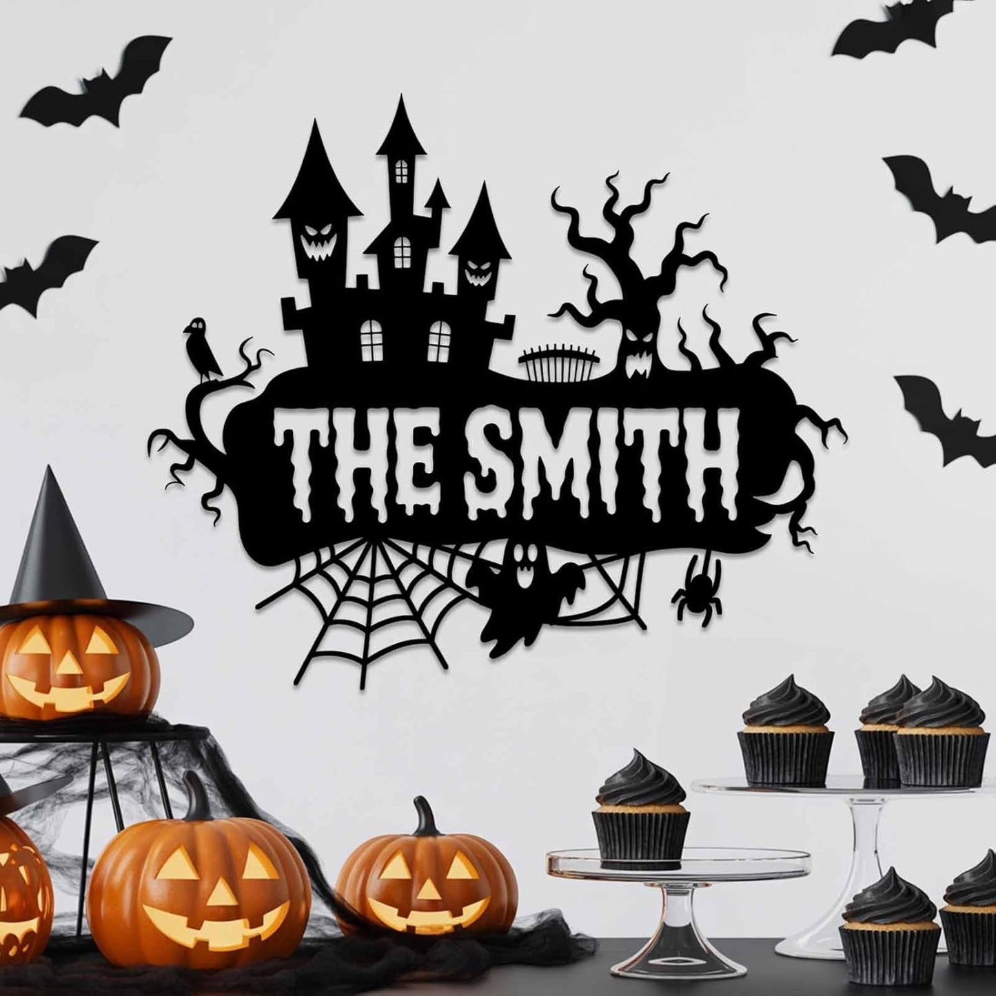 Personalized Haunted House Sign, Custom Family Name Metal Signs, Halloween Metal Wall Art with Witch Bats Pumpkins Skull Ghost Spider, Scary Halloween Decorations, Gothic Home Decor for Home