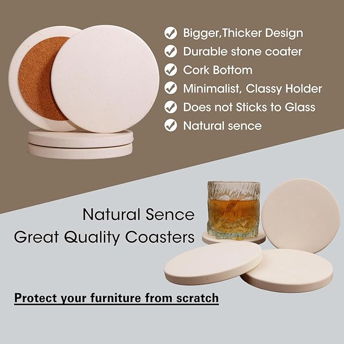 CASACOUTURE- Absorbent Stone Coasters Set of 4 - Round 4" Diameter Cream White Marble Drink Coasters for Housewarming Gift,Genuine Natural Semi