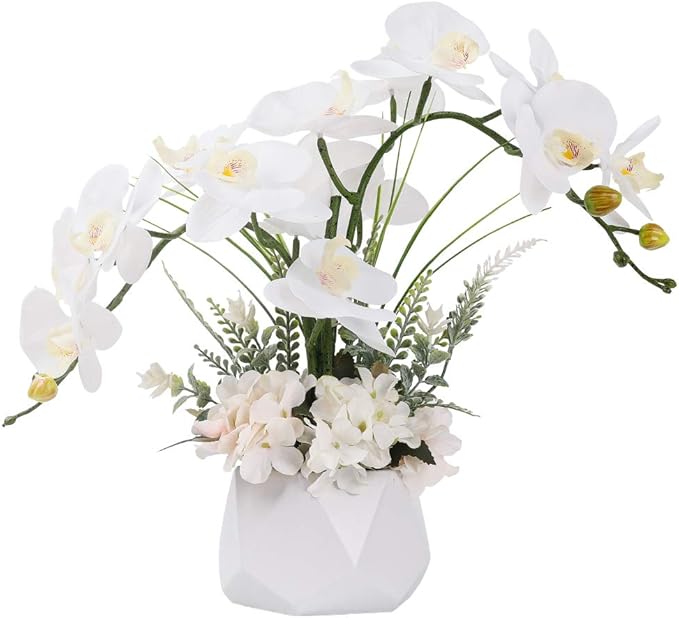 LESING Artificial Potted Orchid Flower for Table Centerpieces,Real Touch White Fake Orchid Flowers in Vase for Home Decoration ﻿(Style 2,White Vase)