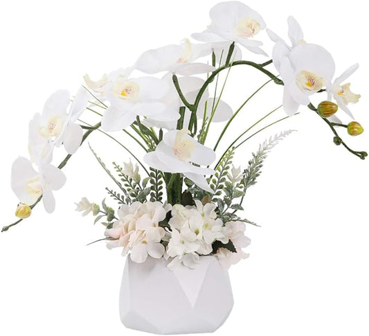 LESING Artificial Potted Orchid Flower for Table Centerpieces,Real Touch White Fake Orchid Flowers in Vase for Home Decoration ﻿(Style 2,White Vase)