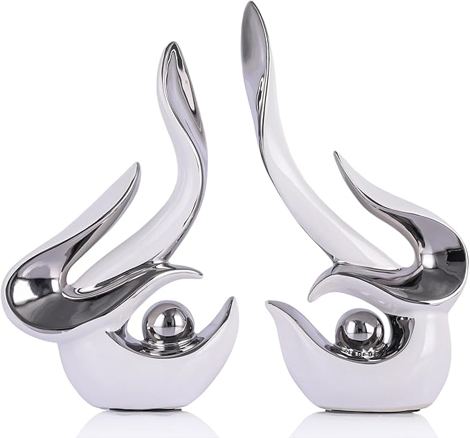 White and silver accents, ceramic abstract sculptures and statues, modern art mid century decor coffee table living room dining room table bedroom office home shelving fireplace countertop decor.