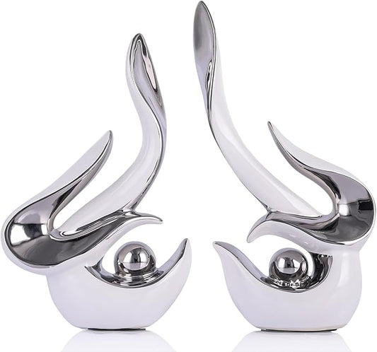 White and silver accents, ceramic abstract sculptures and statues, modern art mid century decor coffee table living room dining room table bedroom office home shelving fireplace countertop decor.