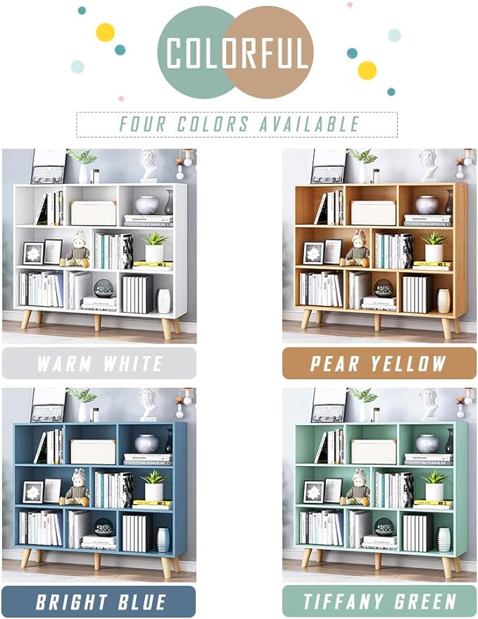 IOTXY Wooden Open Shelf Bookcase - 3-Tier Floor Standing Display Cabinet Rack with Legs, 8 Cubes Bookshelf, Pear Yellow