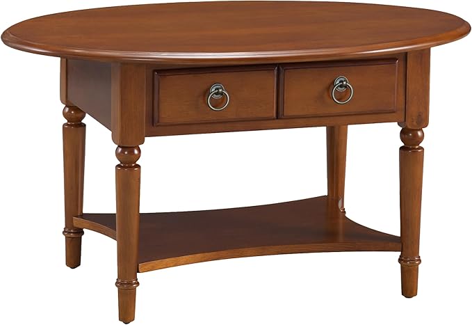 Coastal Solid Wood Oval Coffee Table with Shelf and Drawer, Rich Pecan Brown, Perfect for Living Rooms and Small Spaces – Leick Home, 20044-PC