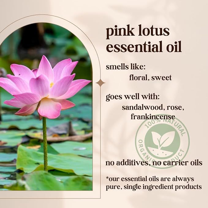 Pink Lotus Essential Oil - 100% Pure & Natural, Organic, Undiluted for Aromatherapy, Skin, Hair, Diffuser (0.33oz - 10ml)