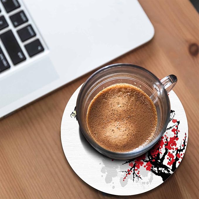 Cherry Branch Drink Coasters Modern Foliage Butterfly China Classic Blossoming Oriental Ink Culture Housewarming Presentss for New Home Present for Friends,2 Pcs,4 X 4 X 0.35 Inches