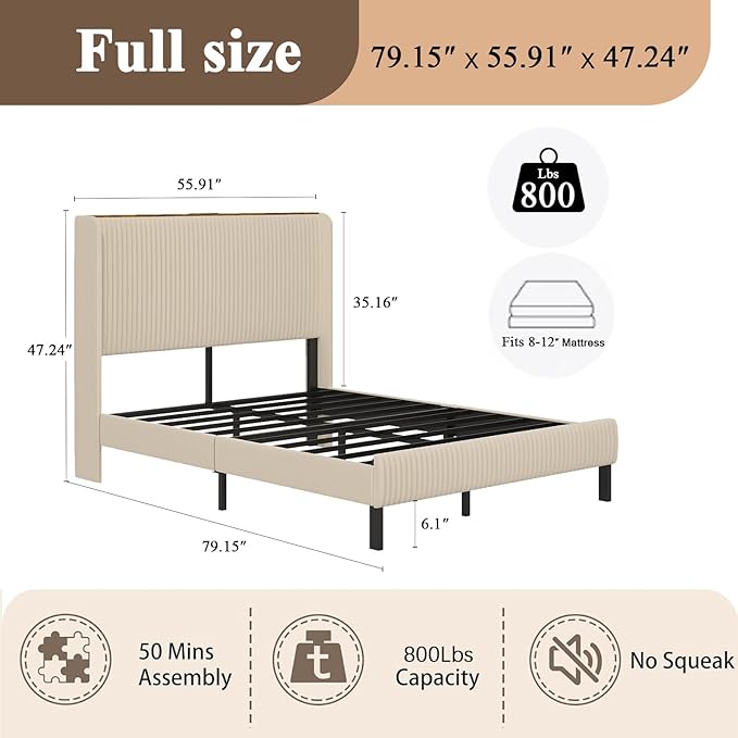 Upholstered Bed Frame Full Size Beige Velvet Wingback Headboard with Charging Station Vertical Channel Tufted Platform Bed Metal Slats Foundation No Box Spring Needed, Easy Assembly