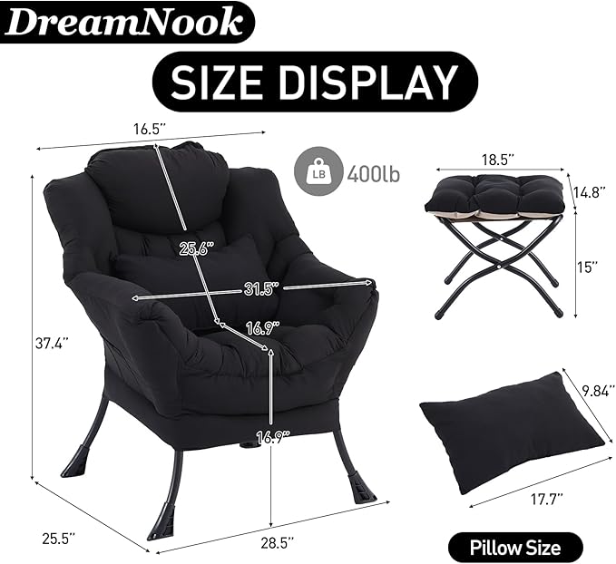 Lazy Chair with Ottoman, Modern Accent Chair with Lumbar Pillow, Comfy Chairs with Folding Footrest for Bedroom, Reading, Oversized Supportive Lounge Chairs(Black)