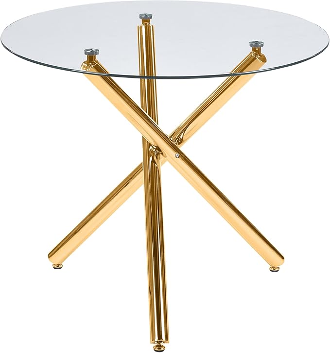 Kitchen Table Classic Dining Table for 4 Round Glass Dining Table 35.4" Kitchen & Dining Room Tables with Metal Legs and Glass Tabletop for Dining Room and Apartment, Golden
