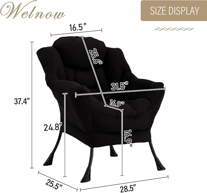 Welnow Lazy Chair for Living Room, Modern Reading Lounge Accent Chair with Armrests and a Side Pocket, Leisure Upholstered Lazy Sofa for Small Space, Bedroom, Dorm, Black