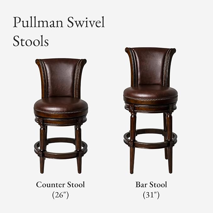Maven Lane Pullman Counter Stool 26 Inches – Swivel Stool with Footrest – Brown Solid Wood Frame & Brown Faux Leather Upholstery – Perfect for Kitchen Islands & Counters
