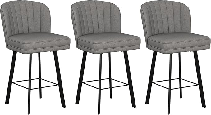 Swivel Counter Height Bar Stools Set of 3, 26'' Modern Barstools with Backs and Metal Legs, Upholstered Bar Chairs,Mid-Gray,Fabric Stools for Kitchen Island Chairs